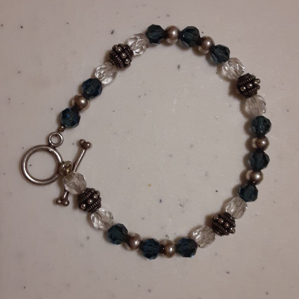 Smoky Blue, Clear & Silver Tone Beaded Bracelet